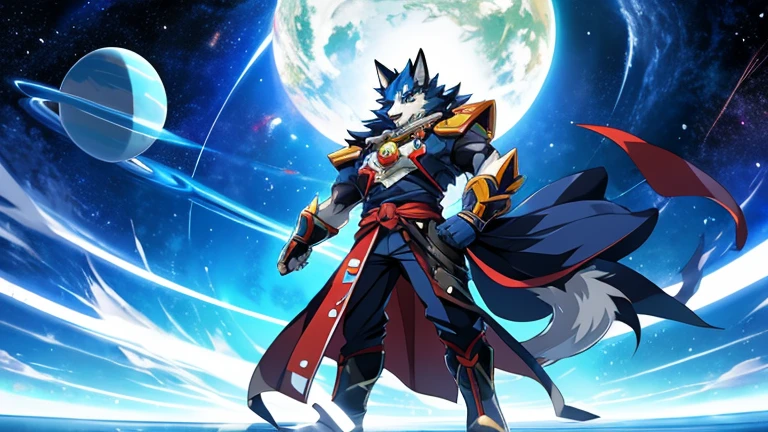 furry, male, anthro, (Wolf Tail), Solo, (Realistic eye details:1.2), (beautiful detailed eyes), anime character there is a Wolf man in a space setting with a planet in the background, dapper dream demon, best anime 4k konachan wallpaper, official artwork, gurren lagann, guilty gear strive splash art, anime style 4 k, key anime art, badass anime 8 k, high detailed official artwork, pixiv contest winner, cyber space cowboy, shigenori soejima illustration, full body like, slim body, in a panoramic view, good looking, splash art, anime style, 8k, 4k anime wallpaper, anime art wallpaper 8 k, 2 d art, 2d art, badass anime 8 k, anime art wallpaper 4k, detail art