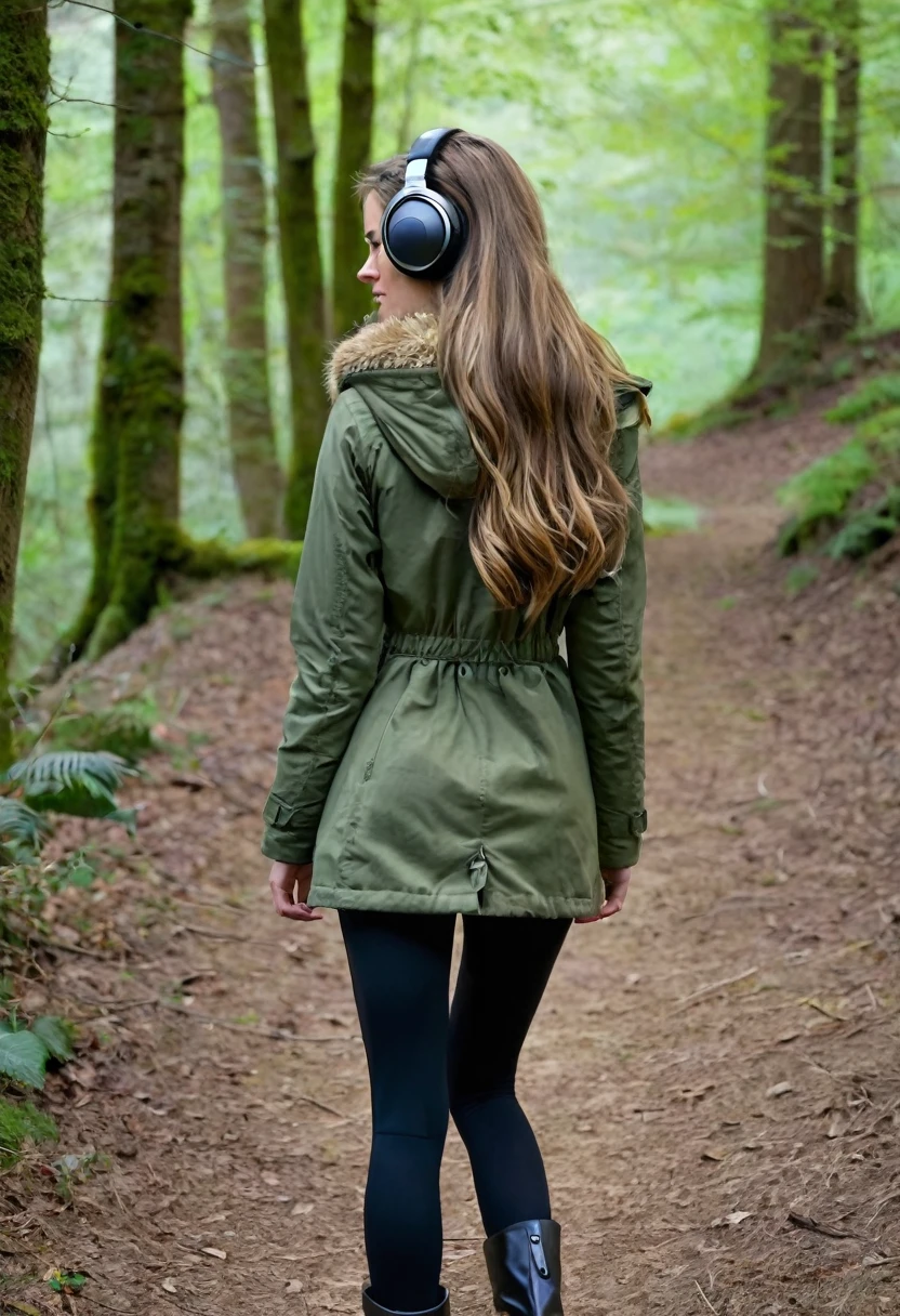 Far in the distance, a Dark blonde haired girl with very beautiful long hair down to her butt, wearing an olive green jacket, black leggings, dark brown mid calf stylish boots, wearing over the ear headphones on her head, 28 years old, only showing the view of her from behind her as she walks into the woods, with just a little of the right side of her face with her hair down framing her face and the right side of her little nose, as she looks slightly over to the right