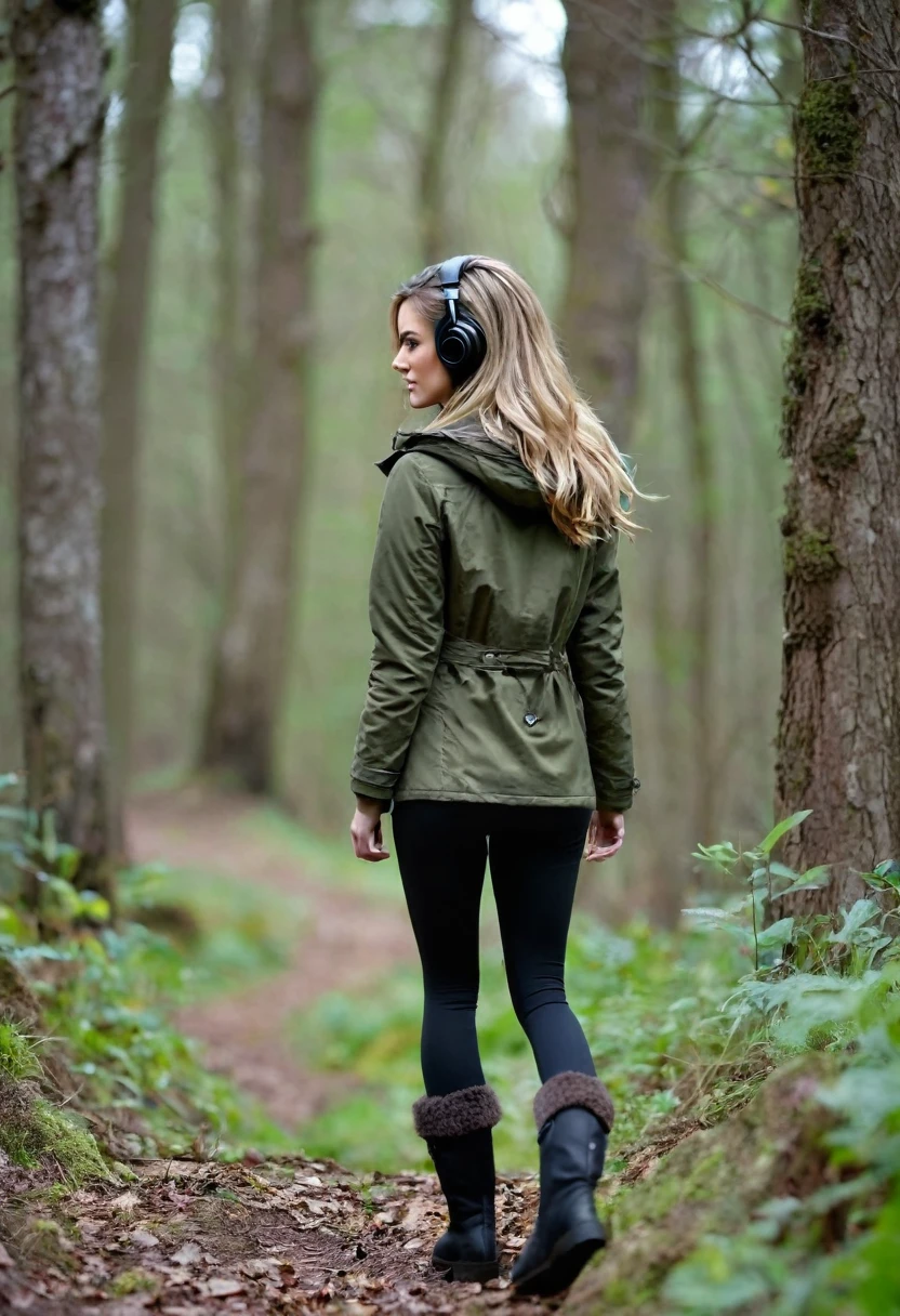 Far in the distance, a Dark blonde haired girl with very beautiful long hair down to her butt, wearing an olive green jacket, black leggings, dark brown mid calf stylish boots, wearing over the ear headphones on her head, 28 years old, only showing the view of her from behind her as she walks into the woods, with just a little of the right side of her face with her hair down framing her face and the right side of her little nose, as she looks slightly over to the right