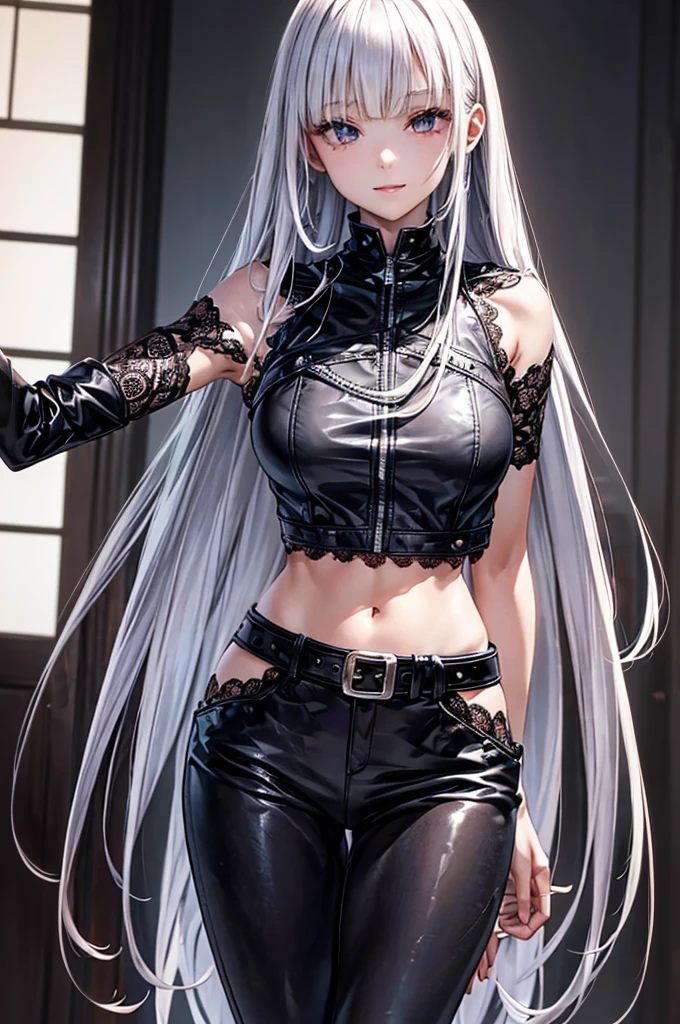 ​masterpiece, best quality, Ultra-detail, Illustration, 1 girl, icywinx, alone, very long hair, black open leather jacket, Jeans, belt, Earrings, navel, Fantasies, leather boots, spread legs, hochnäsiger Blick, closed mouth, Fantasies worlds, Komposition,  