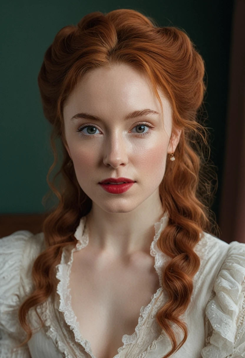 raw photo, raw picture, realism, realistic style, a photo \(high\) of katiekones \(subject\), wearing a victorian outfit \(wardrobe\), in the bedroom \(background\), red hair, thin lips, facial skin fuzz, full body, portrait, highres, best quality, full sharp, 4 k photography, real detailed skin texture, (blush:0.5), (goosebumps:0.5), subsurface scattering, RAW candid cinema, 8mm, color graded portra 400 film, remarkable color, ultra realistic, textured skin, remarkable detailed pupils, realistic dull skin noise, visible skin detail, skin fuzz, dry skin, shot with cinematic camera