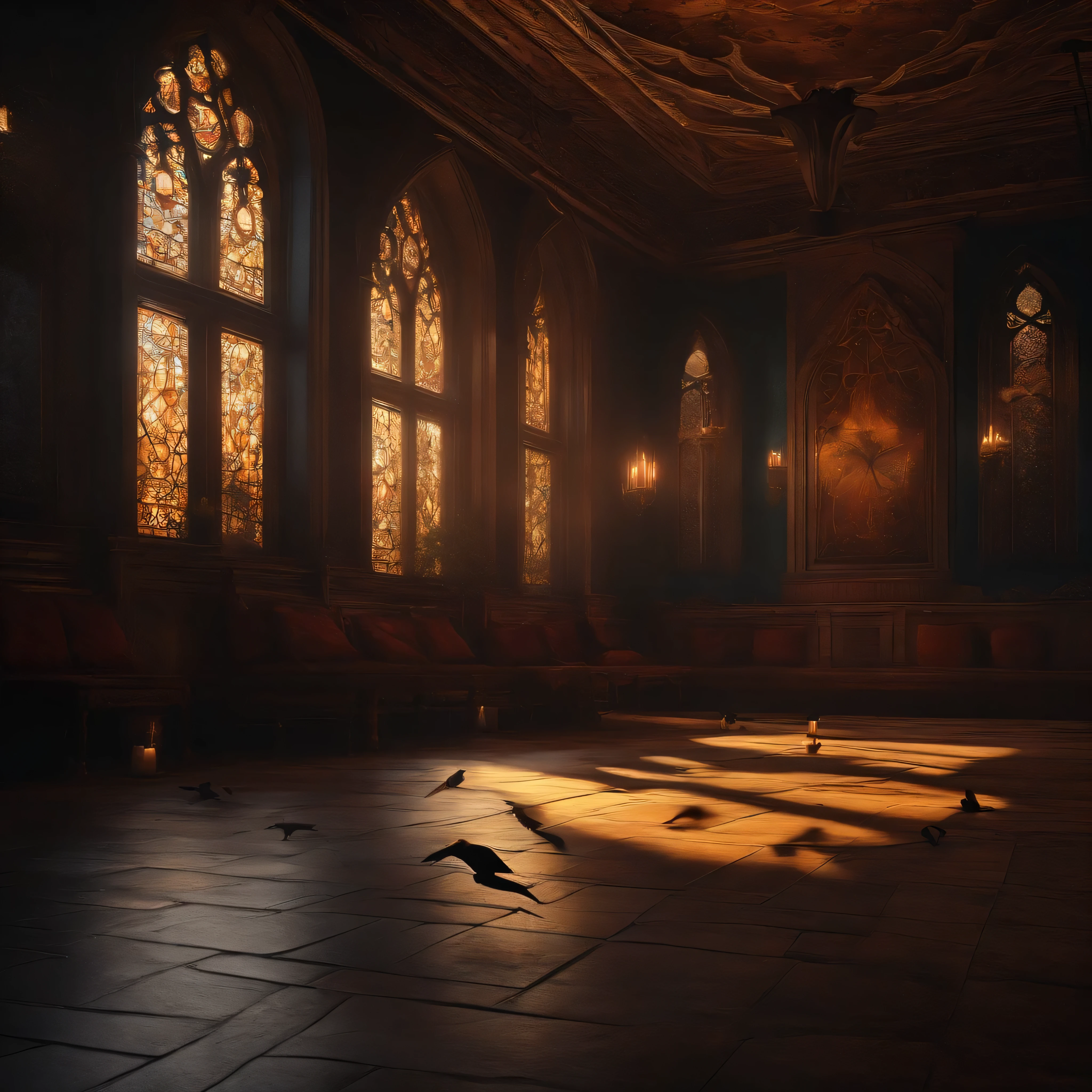 Imagine a character Background centered, with birds flying trough and candles in the floor, gothic style 