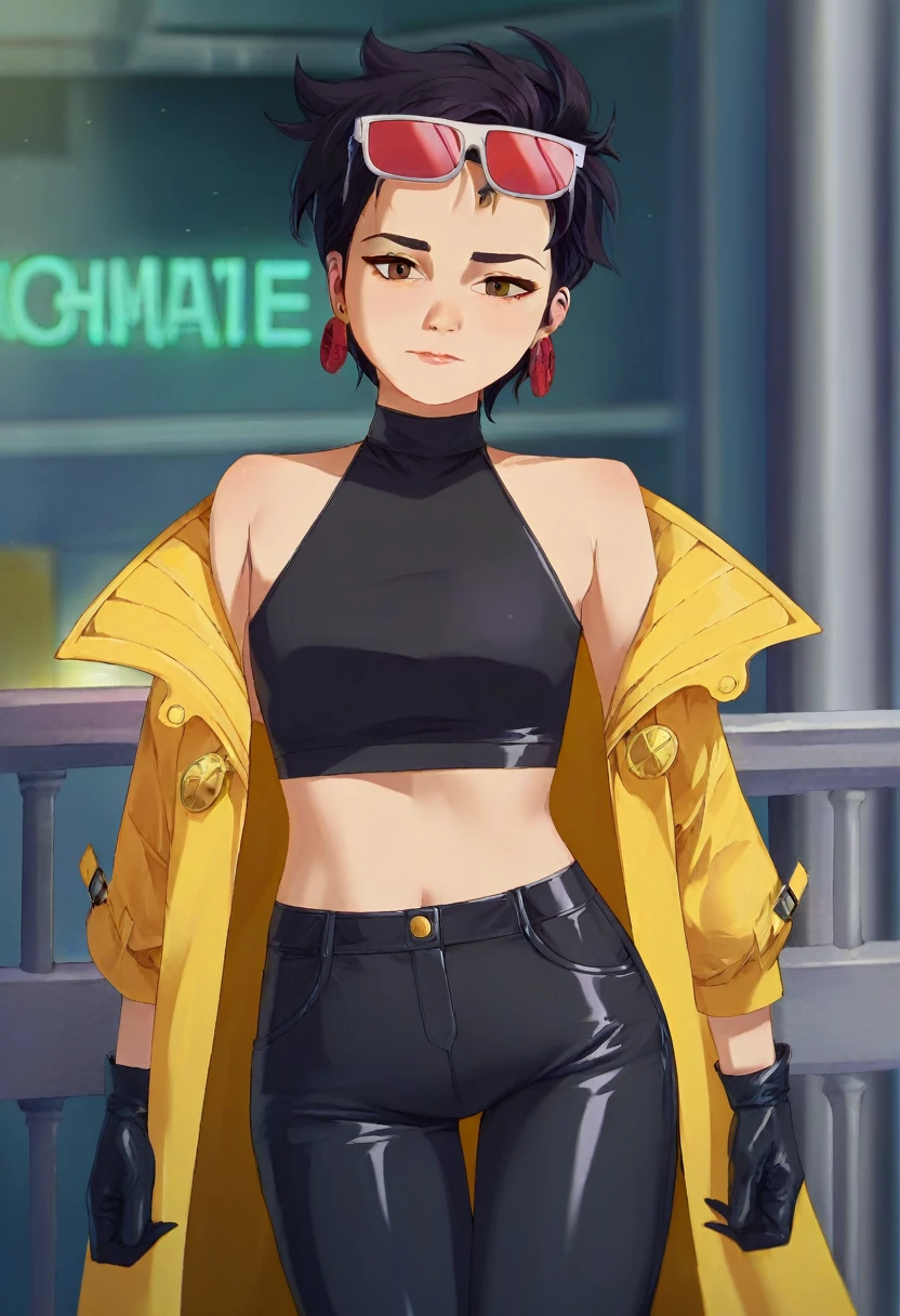 score_9, score_8_up, score_7_up, source_anime, 1girl, solo, looking at viewer, clamJBLee97, cJsunglasses, yellow coat, black gloves, black bodysuit, ((midriff)), ((navel)), ((crop top)), ((bare midriff)), earrings, ((black pants)) 