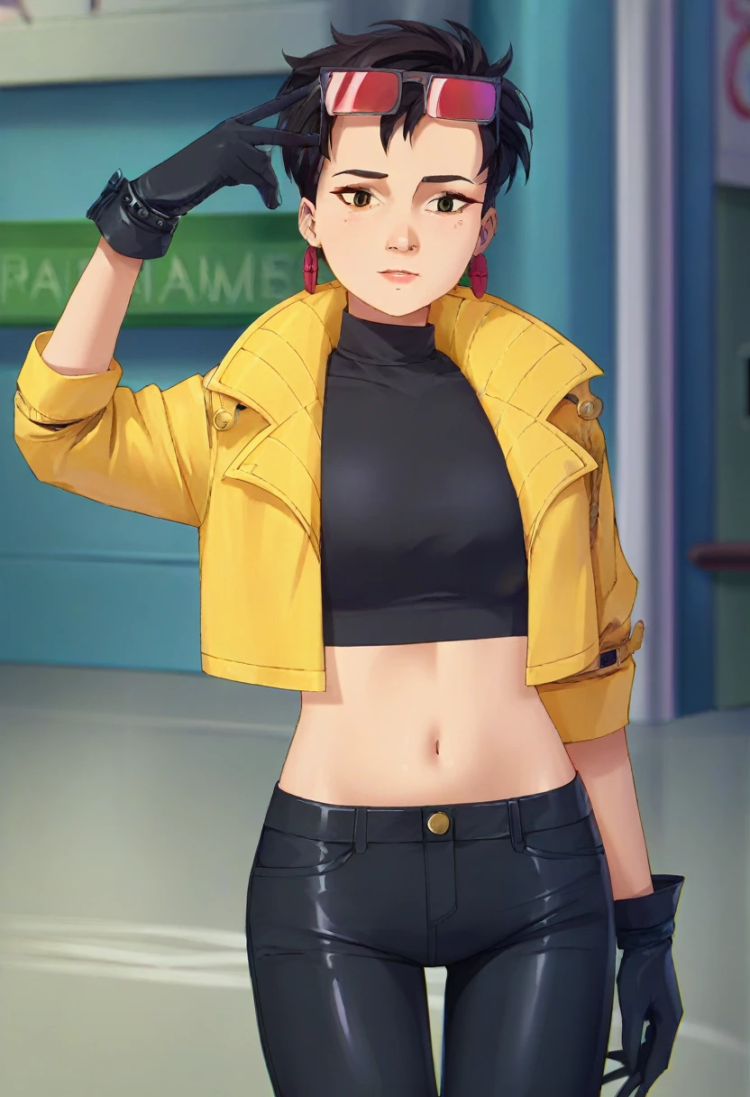 score_9, score_8_up, score_7_up, source_anime, 1girl, solo, looking at viewer, clamJBLee97, cJsunglasses, yellow coat, black gloves, black bodysuit, ((midriff)), ((navel)), ((crop top)), ((bare midriff)), earrings, ((black pants)) 