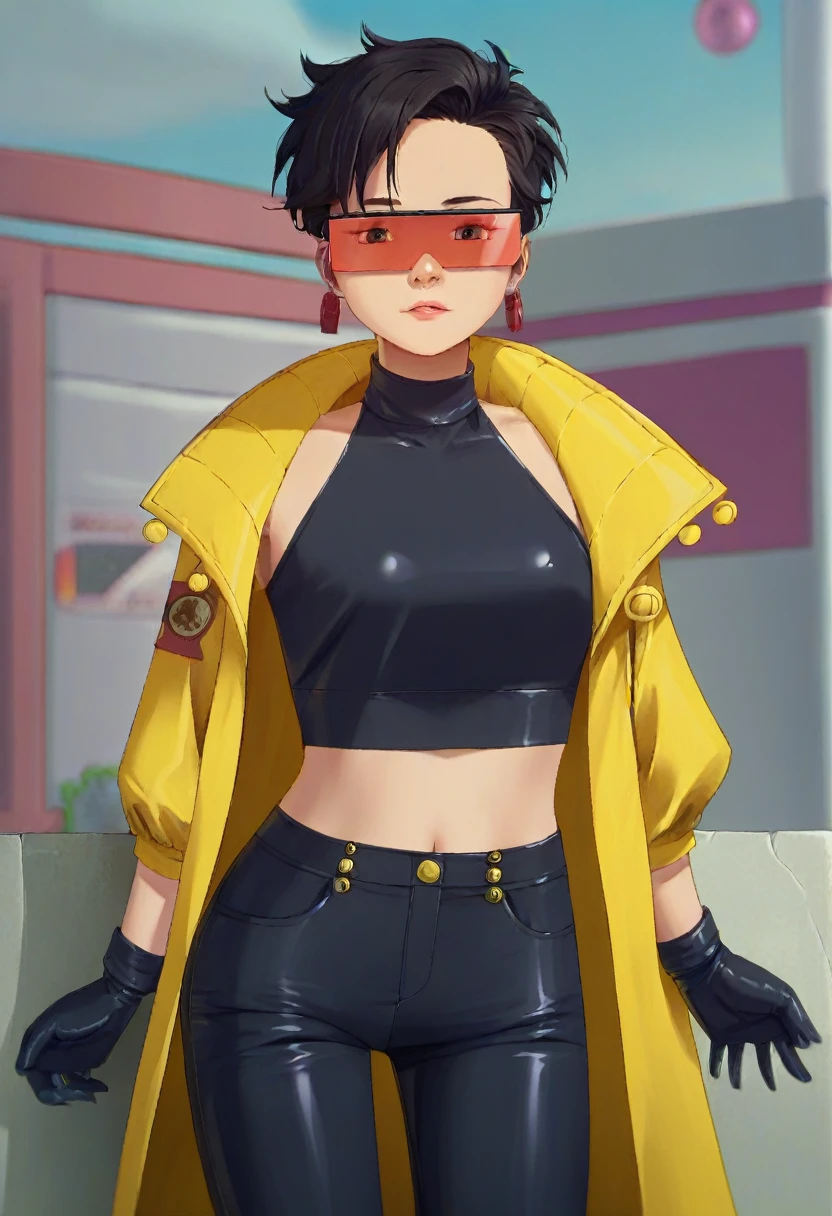 score_9, score_8_up, score_7_up, source_anime, 1girl, solo, looking at viewer, clamJBLee97, cJsunglasses, yellow coat, black gloves, black bodysuit, ((midriff)), ((navel)), ((crop top)), ((bare midriff)), earrings, ((black pants)) 