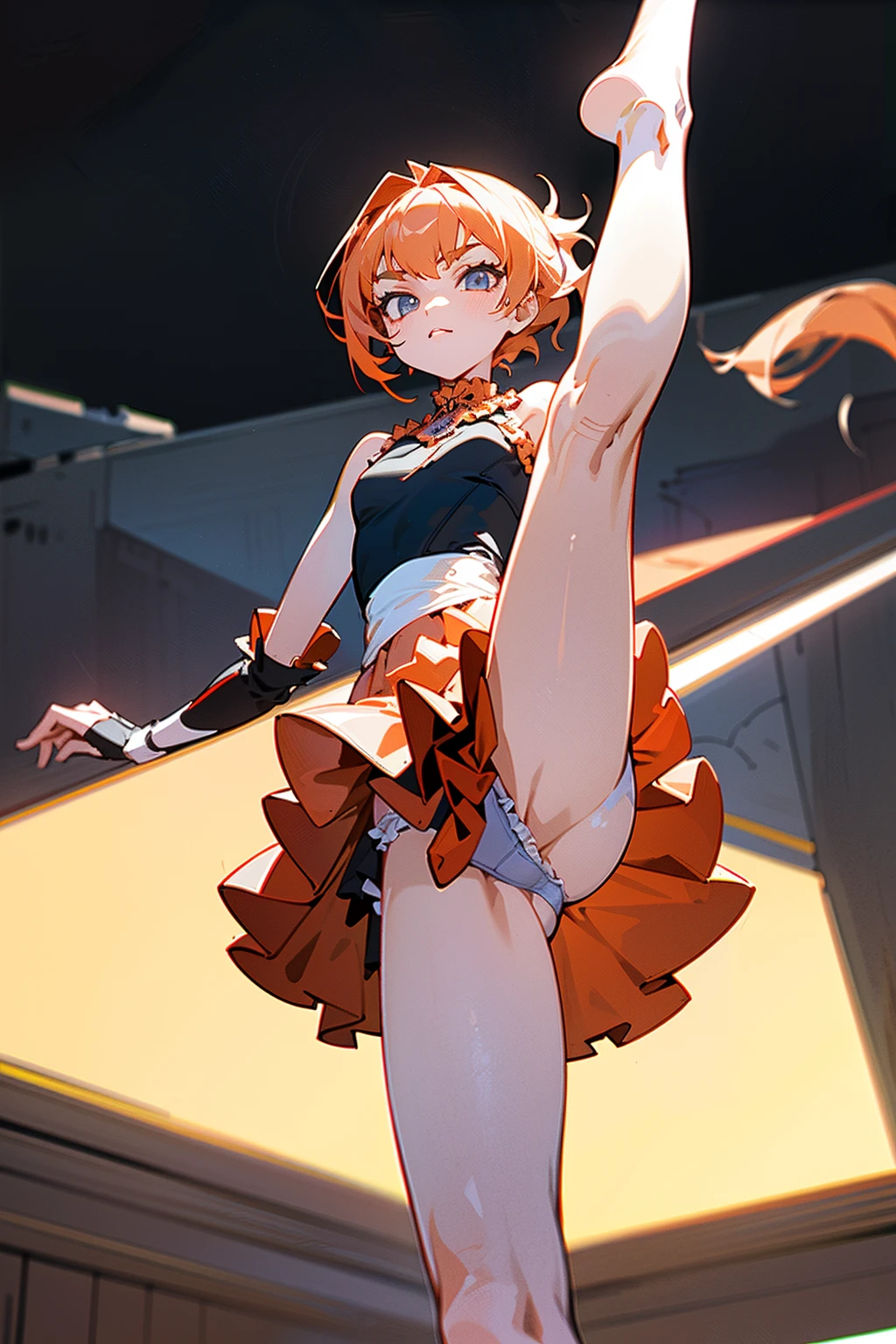 (8x_NMKD-Superscale_150000_G, 8k, best quality, high resolution, masterpiece), ((from below)), (((sStanding posture, leg up))), ((1 girl, 18 years old)), (Cheergirl, flat chest, Frilled panties)