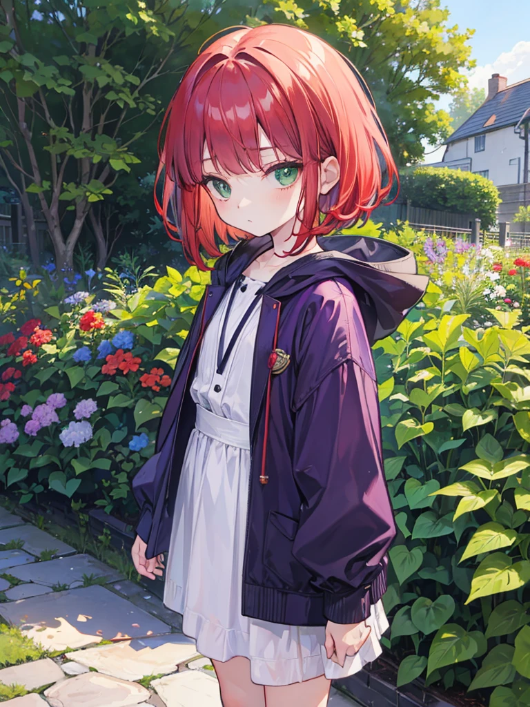 , green eyes, short curry wavy bobs red hair, bangs. wear purple black jacket. she so quiet. background in garden. ???. her gaze was sleepy
