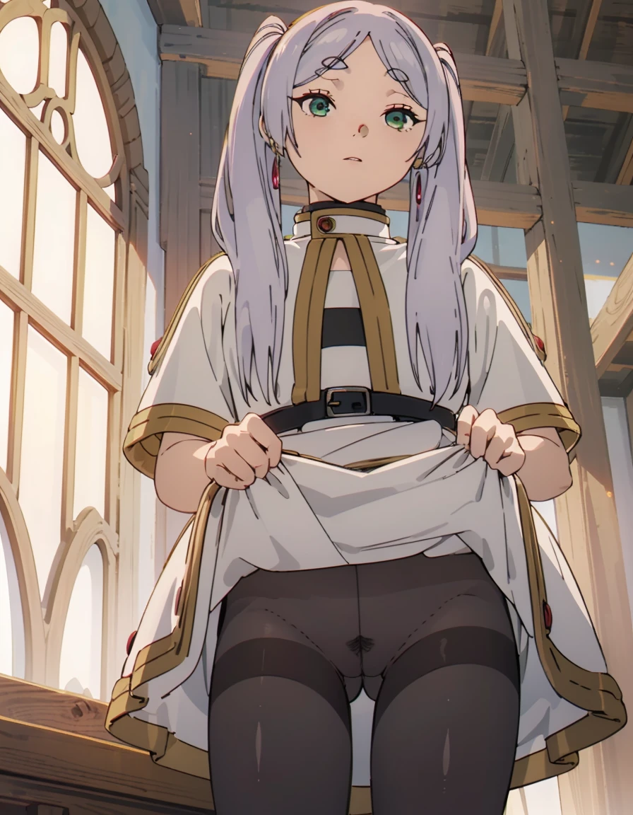 (Highest quality, masterpiece),sexy, erotic, One Girl, 18-year-old, Contempt, pride, Long silver hair, ((Green Eyes)), View your audience, View your audience, Warm Light, ((White Dress)), ((Are standing)), (Small breasts), ((Lifting her skirt to show her crotch,Detailed crotch)),((Black pantyhose)), Two ponytails,upskirt