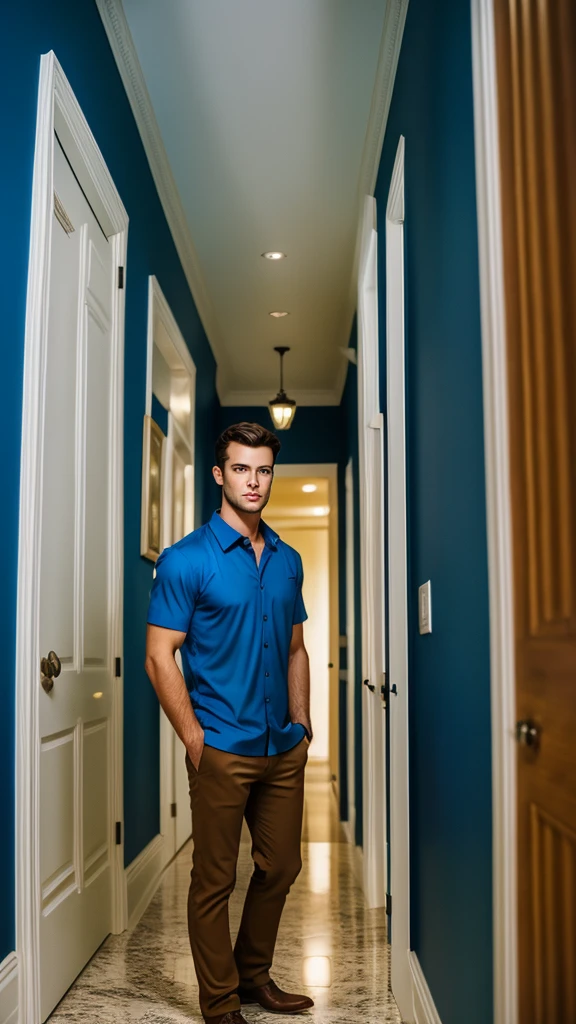 Portrait of handsome Caucasian man in the hallway, Night, Blue shirt, Brown hair