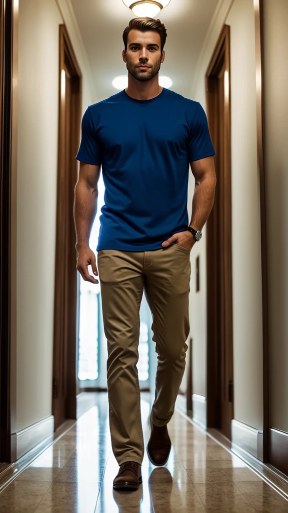 Portrait of handsome Caucasian man in the hallway, Night, Blue shirt, Brown hair