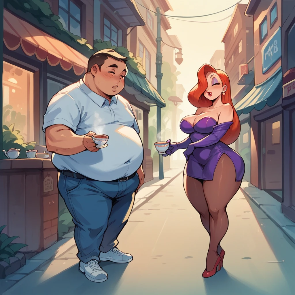 young fat man is meeting with Jessica Rabbit, she has big tits and a big ass, she wears leggings, he wears a shirt and tea, street, night