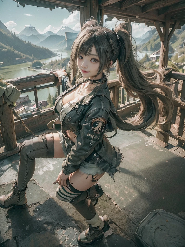 (Beautiful lips and nose:1.4)、(Long eyelashes:1.4)、(Smiling with teeth showing:1.3),(Shibuya Gal:1.5)、(Gothic Lolita delicately decorated dress:1.5)、(Tattered denim and black punk rock cargo pants:1.5)、(Denim and black navy skull mark small jacket:1.4)、(denim garter belt:1.5)、(Black and denim knee socks:1.3)、(Skull Silver Accessories:1.5)、(Denim collar:1.3)、(Brown Skin Belt:1.4)、(Brown boots:1.2)、(The underwear is striped:1.4)、31 years old、((Highest quality、In 8K、masterpiece:1.3))、Sharp focus:1.2、(Layered Cut、Huge boobs:1.1),Beautiful woman with perfect figure:1.4、(Dancing vigorously:1.3)、Slender Abs:1.2、Highly detailed face and skin texture、Detailed eyes、double eyelid,(Twin tails:1.3)、(Brown-golden hair:1.3)、Gravure idol、(The background is a vast mountain with a clear view々Beautiful luxury resort destination in Europe:1.3)、(Slim Body:1.2),(Make your legs thinner:1.4),(clavicle:1.1)