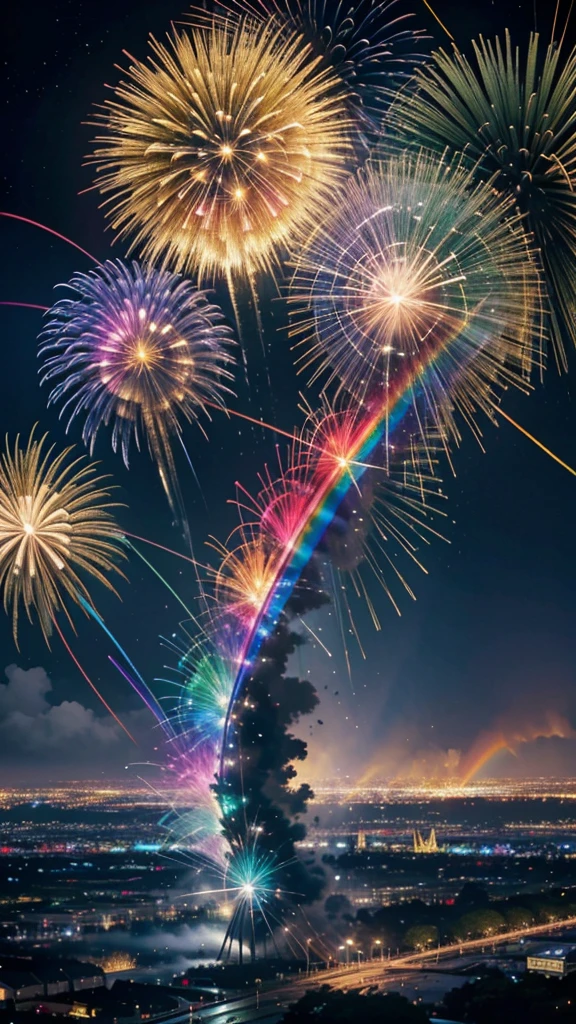 Highest quality、Highest quality、Fantastic scenery、firework、firework大会、Rainbow colorsのfireworkが打ちあがっている瞬間、With the night sky、Cyberpunk Cityscape、Cyberpunk Cityscapeで壮大なfirework、Highest quality、masterpiece, (Diffuse reflection of light:1.2), When the fantastic rainbow turns into shadow, bathed in a mystical atmosphere.The dolphins are watching too、Colorful Dolphins、水中かfireworkを見るイルカ 水面にシュールな光が舞う, Cast magic spells. evoke a sense of wonder and awe. A fusion of natural grandeur and magic, Weaving dreams into reality. Behold, null, And the unknown, Fleeting、And an eternal moment, 16K, Ultra-high resolution.Realistic, Ultra-high resolution, to be born, Wide-angle,future、Rainbow colorsに光り輝く、Rainbow colors、The world 30 years from now。
