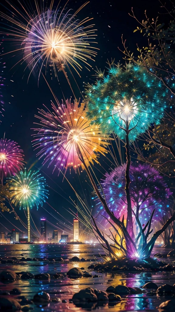 Highest quality、Highest quality、Fantastic scenery、firework、firework大会、Rainbow colorsのfireworkが打ちあがっている瞬間、With the night sky、Cyberpunk Cityscape、Cyberpunk Cityscapeで壮大なfirework、Highest quality、masterpiece, (Diffuse reflection of light:1.2), When the fantastic rainbow turns into shadow, bathed in a mystical atmosphere.The dolphins are watching too、Colorful Dolphins、水中かfireworkを見るイルカ 水面にシュールな光が舞う, Cast magic spells. evoke a sense of wonder and awe. A fusion of natural grandeur and magic, Weaving dreams into reality. Behold, null, And the unknown, Fleeting、And an eternal moment, 16K, Ultra-high resolution.Realistic, Ultra-high resolution, to be born, Wide-angle,future、Rainbow colorsに光り輝く、Rainbow colors、The world 30 years from now。