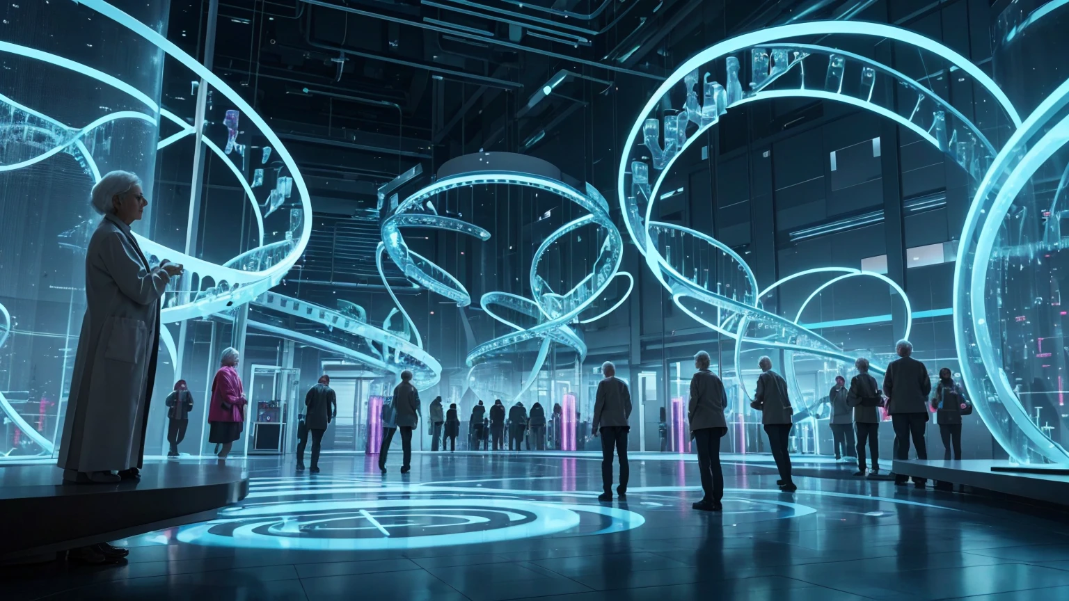 "Imagine a futuristic lab with scientists manipulating DNA strands. A visual of a human DNA helix being edited with glowing effects, highlighting the areas where age-related diseases are being 'turned off.' Show happy, healthy elderly people standing alongside youthful versions of themselves."