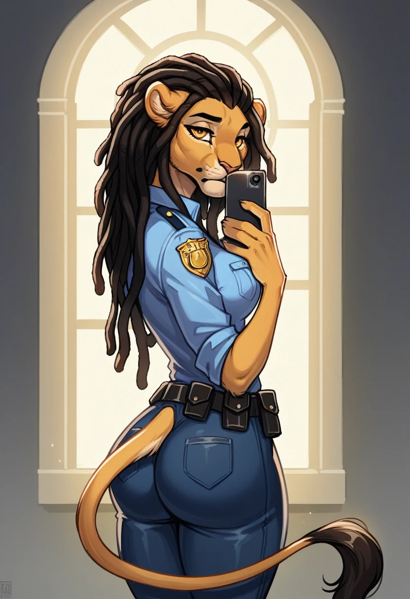 (anthro)) lion, Ross Tran, by ruan jia, by zaush, by foxovh Best Quality, masterpiece,, Illustration, Wallpaper,1girl in, Solo, black dreadlock hair, Semi-long hair, Beautiful detailed girl, extremely detailed eye and face, Beautiful detailed eyes, Shy, natural_Lighting, Glow,NSFW, Looking at Viewer, big ass, medium breast, wearing police uniform, selfie in a police office 