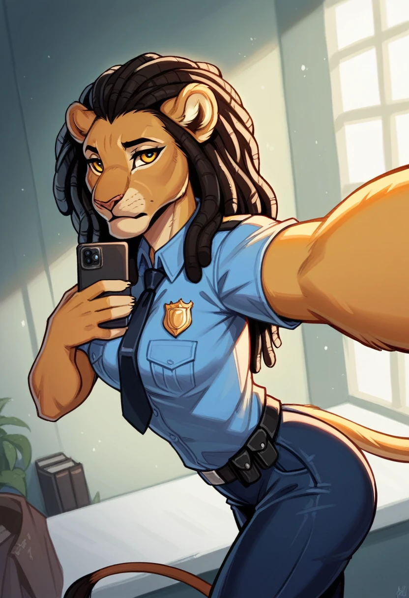 (anthro)) lion, Ross Tran, by ruan jia, by zaush, by foxovh Best Quality, masterpiece,, Illustration, Wallpaper,1girl in, Solo, black dreadlock hair, Semi-long hair, Beautiful detailed girl, extremely detailed eye and face, Beautiful detailed eyes, Shy, natural_Lighting, Glow,NSFW, Looking at Viewer, big ass, medium breast, wearing police uniform, selfie in a police office 