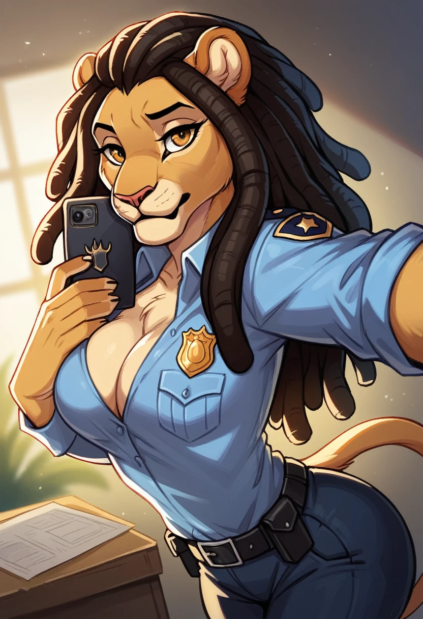 (anthro)) lion, Ross Tran, by ruan jia, by zaush, by foxovh Best Quality, masterpiece,, Illustration, Wallpaper,1girl in, Solo, black dreadlock hair, Semi-long hair, Beautiful detailed girl, extremely detailed eye and face, Beautiful detailed eyes, Shy, natural_Lighting, Glow,NSFW, Looking at Viewer, big ass, medium breast, wearing police uniform, selfie in a police office