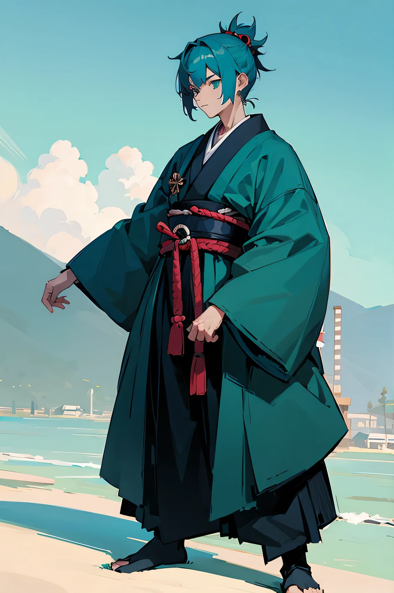 Teen , male, samurai Clothing, Standing pose, Town background, Teal Hair