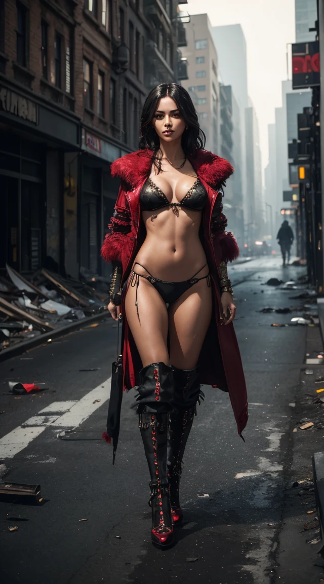 full body, a beautiful sexy sensual 25-year-old vampire woman with short black hair, pale skin, red lips, full breasts, thin waist, long shapely thighs, muscular athletic body, wearing a red jacket and black tight pants, black sleeveless leotard, hazy Victorian London street at night, front view, dynamic pose, ambient lighting, realistic photo, intricate facial detail, intricate hand details, highly detailed, vivid colors, cinematic, high definition, trendy Artstation