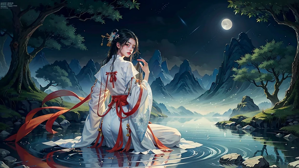 Official Art, Unity 8K wallpaper, Extremely detailed, beautiful and aesthetic, masterpiece, best quality, For the world,You may be alone,But for someone,You could be the whole world, paradox, Adrian Genius, Jenny Savile, Edward Hope, Surrealism, The Dark Arts of James Jean, Takato Yamamoto, 墨water朋克极简主义, fashion magazine, Editorial Photography, gufeng, moon, Tree, Solitary, water, flower, Branches, night, Black Hair, Back to, shawl, full moon, (1 Korean girl,Sexy facial features), in Tree, Long hair, Sky, sit, Chinese clothes, Hanfu, crescent moon, permanent, outdoor,手上有一个water晶球