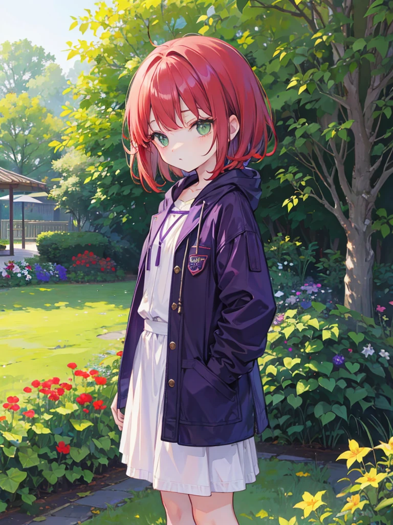 , green eyes, short curry wavy bobs red hair, bangs. wear purple black jacket. background in garden. kid. her gaze was sleepy
