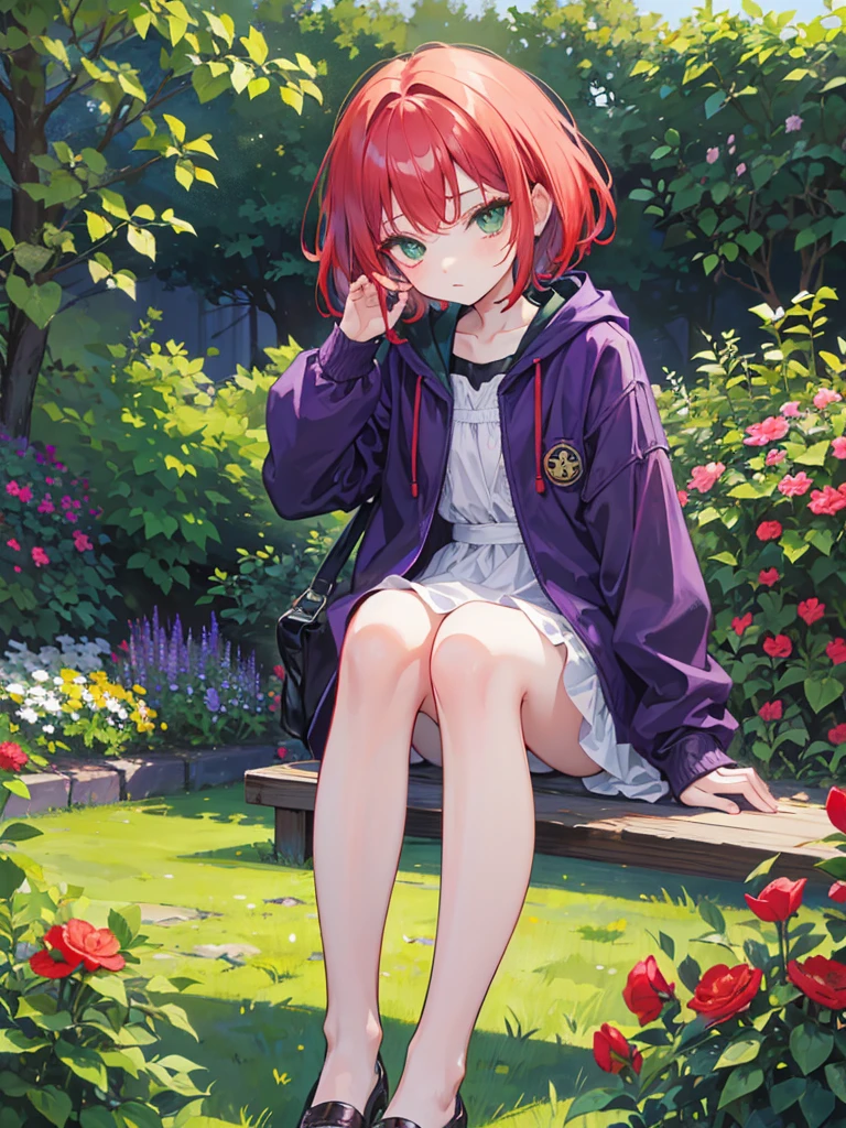 , green eyes, short curry wavy bobs red hair, bangs.  wear purple black jacket. background in garden. kid. her gaze was sleepy