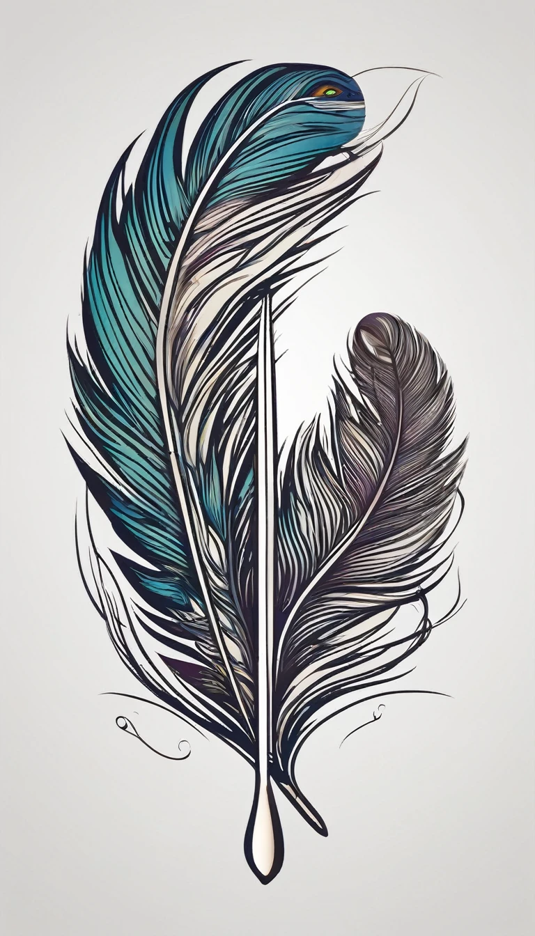 Create a logo design of a special, unique, poetic, minimalistic feather that represents a special creative brand called " Penamemoria". The brand is created by an artist called Rafael Figueiras. The logo must convey the sense of storytelling and music. Must include a boy, one acoustic guitar, a feather and a fantastic bird. Logo design and icon design present and impressed on a white t-shirt.