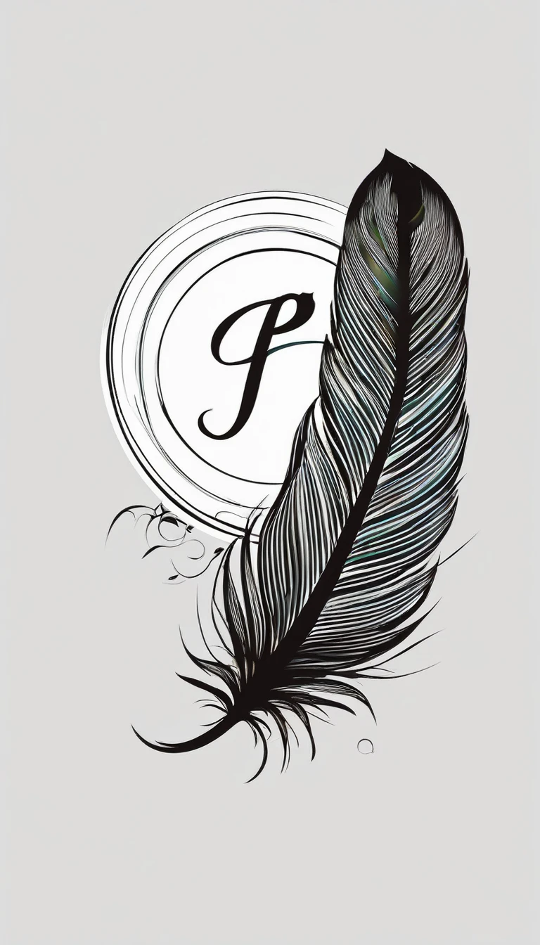 Create a logo design of a special, unique, poetic, minimalistic feather that represents a special creative brand called " Penamemoria". The brand is created by an artist called Rafael Figueiras. The logo must convey the sense of storytelling and music. Must include a boy, one acoustic guitar, a feather and a fantastic bird. Logo design and icon design present and impressed on a white t-shirt.