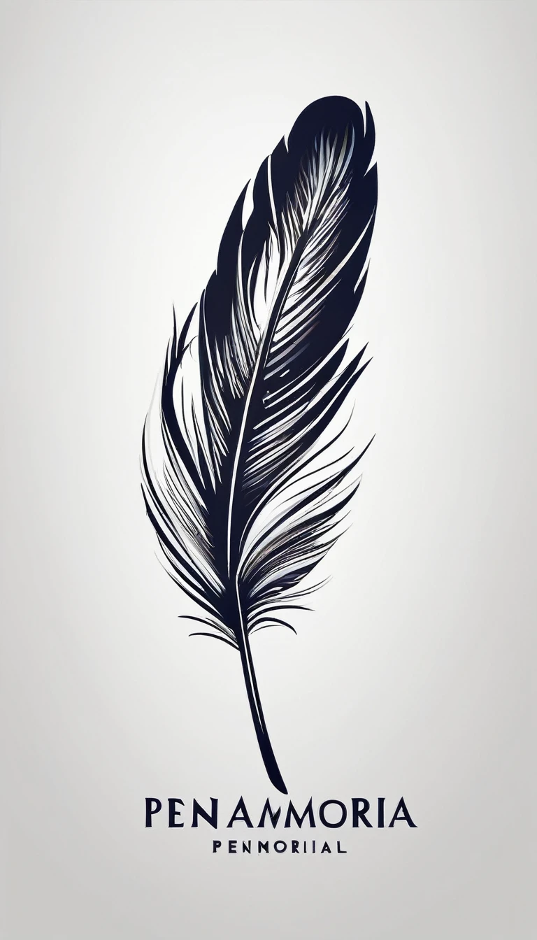 Create a logo design of a special, unique, poetic, minimalistic feather that represents a special creative brand called " Penamemoria". The brand is created by an artist called Rafael Figueiras. The logo must convey the sense of storytelling and music. Must include a boy, one acoustic guitar, a feather and a fantastic bird. Logo design and icon design present and impressed on a white t-shirt.

