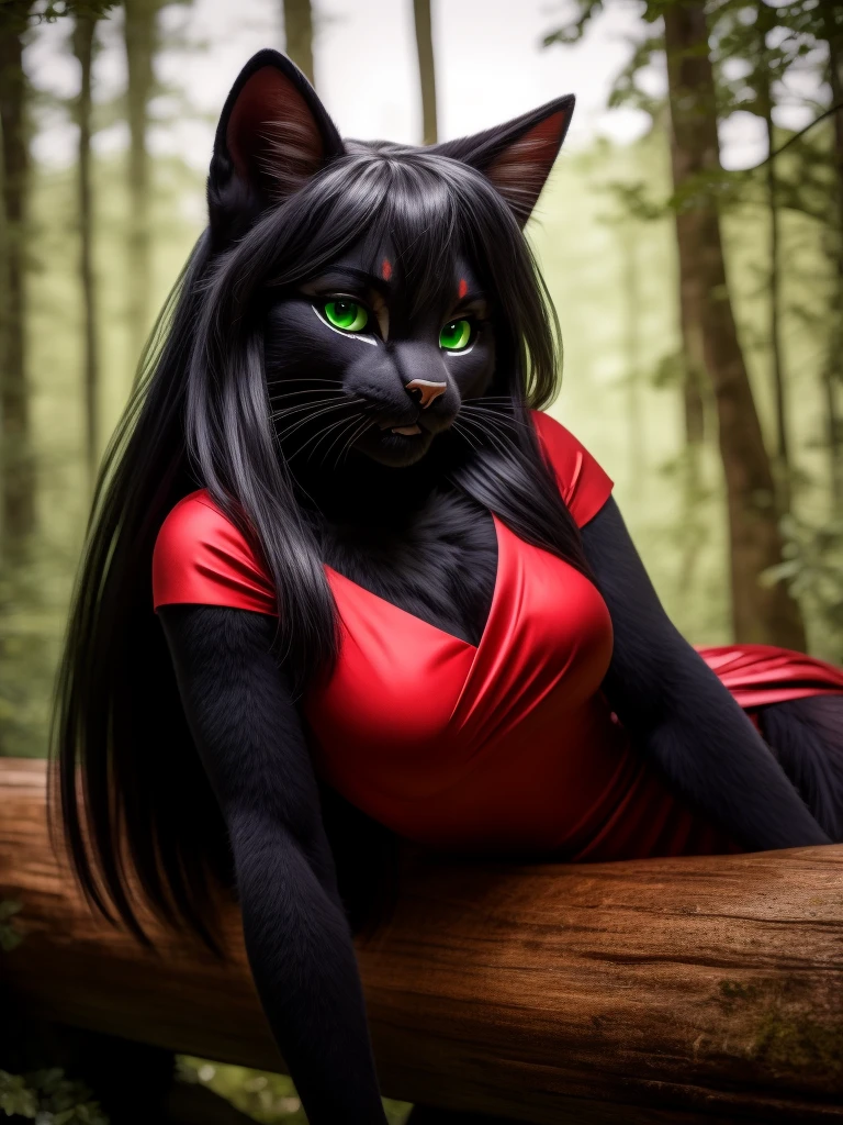 Sexy Posing, lying on log, Female, 30 years old, cute, eyeliner, long hair, biting lip smile, red dress, bedroom eyes, anthro, cat ears, (black fur:1.5),tebby cat, forest background, 8k, hi res, (best quality, masterpiece), green eyes, cat tail
