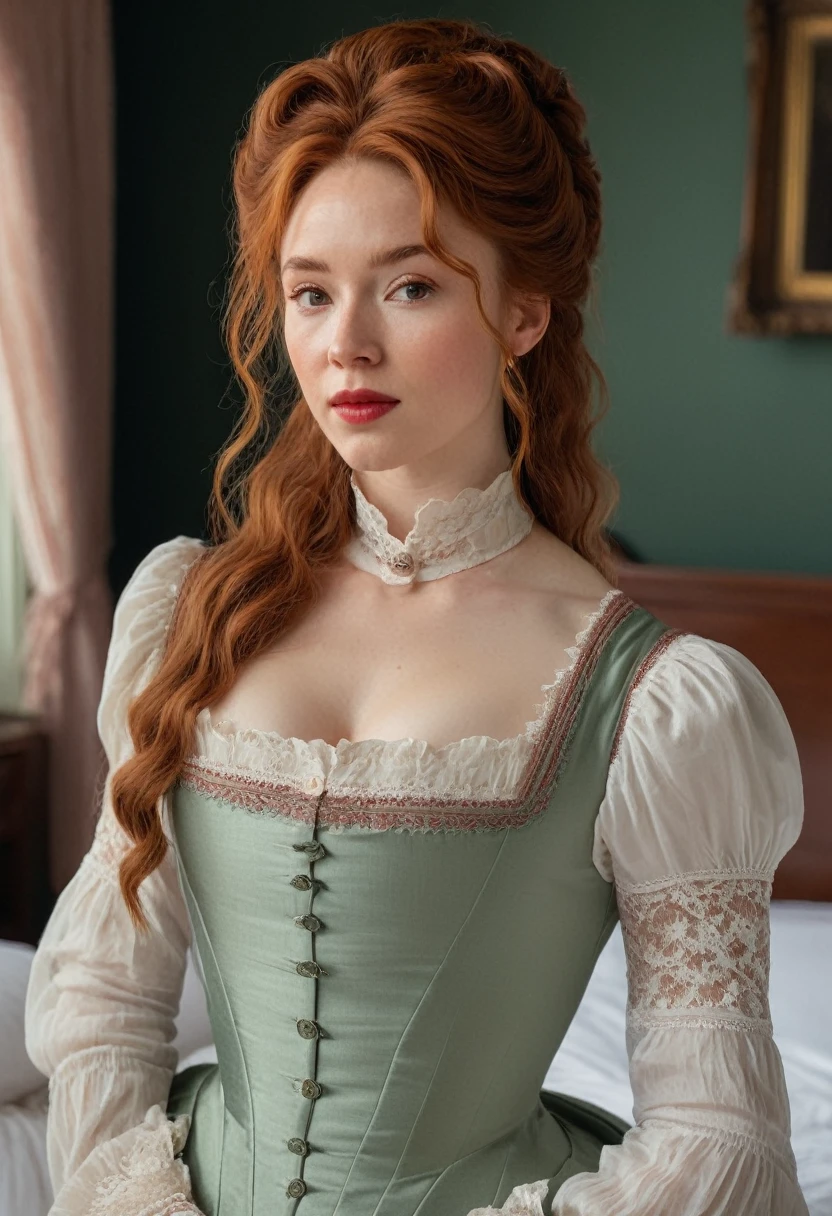 raw photo, raw picture, realism, realistic style, a photo \(high\) of katiekones \(subject\), wearing a victorian outfit \(wardrobe\), in the bedroom \(background\), red hair, thin lips, facial skin fuzz, full body, portrait, highres, best quality, full sharp, 4 k photography, real detailed skin texture, (blush:0.5), (goosebumps:0.5), subsurface scattering, RAW candid cinema, 100mm, color graded portra 400 film, remarkable color, ultra realistic, textured skin, remarkable detailed pupils, realistic dull skin noise, visible skin detail, skin fuzz, dry skin, shot with cinematic camera