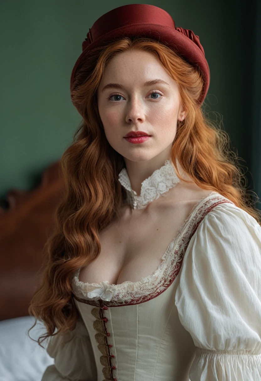 raw photo, raw picture, realism, realistic style, a photo \(high\) of katiekones \(subject\), wearing a victorian outfit \(wardrobe\), in the bedroom \(background\), red hair, thin lips, facial skin fuzz, full body, portrait, highres, best quality, full sharp, 4 k photography, real detailed skin texture, (blush:0.5), (goosebumps:0.5), subsurface scattering, RAW candid cinema, 100mm, color graded portra 400 film, remarkable color, ultra realistic, textured skin, remarkable detailed pupils, realistic dull skin noise, visible skin detail, skin fuzz, dry skin, shot with cinematic camera