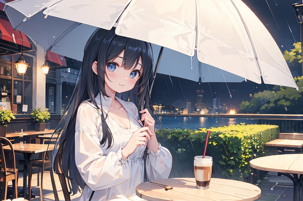 Photorealistic、Highest quality、Highest Resolution、Highest quality、８Ｋ、1人のBeautiful woman、Beautiful woman、Beautiful woman、rain、Cafe Terrace、coffee、Parasol、