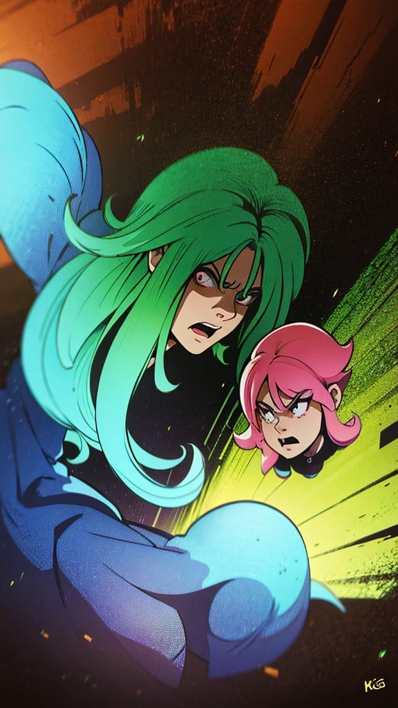 a woman with long pink hair, angry expression, clashing with a blonde woman and a green haired woman at night, dramatic lighting, cinematic, intricate details, masterpiece, high resolution, photorealistic, oil painting, dramatic shadows, intense colors, dynamic poses, detailed facial features, hyper realistic, award winning digital art