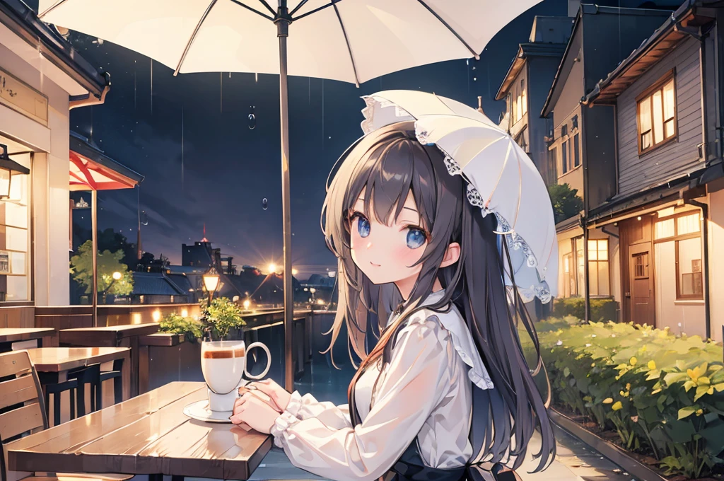 Photorealistic、Highest quality、Highest Resolution、Highest quality、8K、1人のBeautiful woman、Beautiful woman、Beautiful woman、rain、Cafe Terrace、coffee、Parasol、