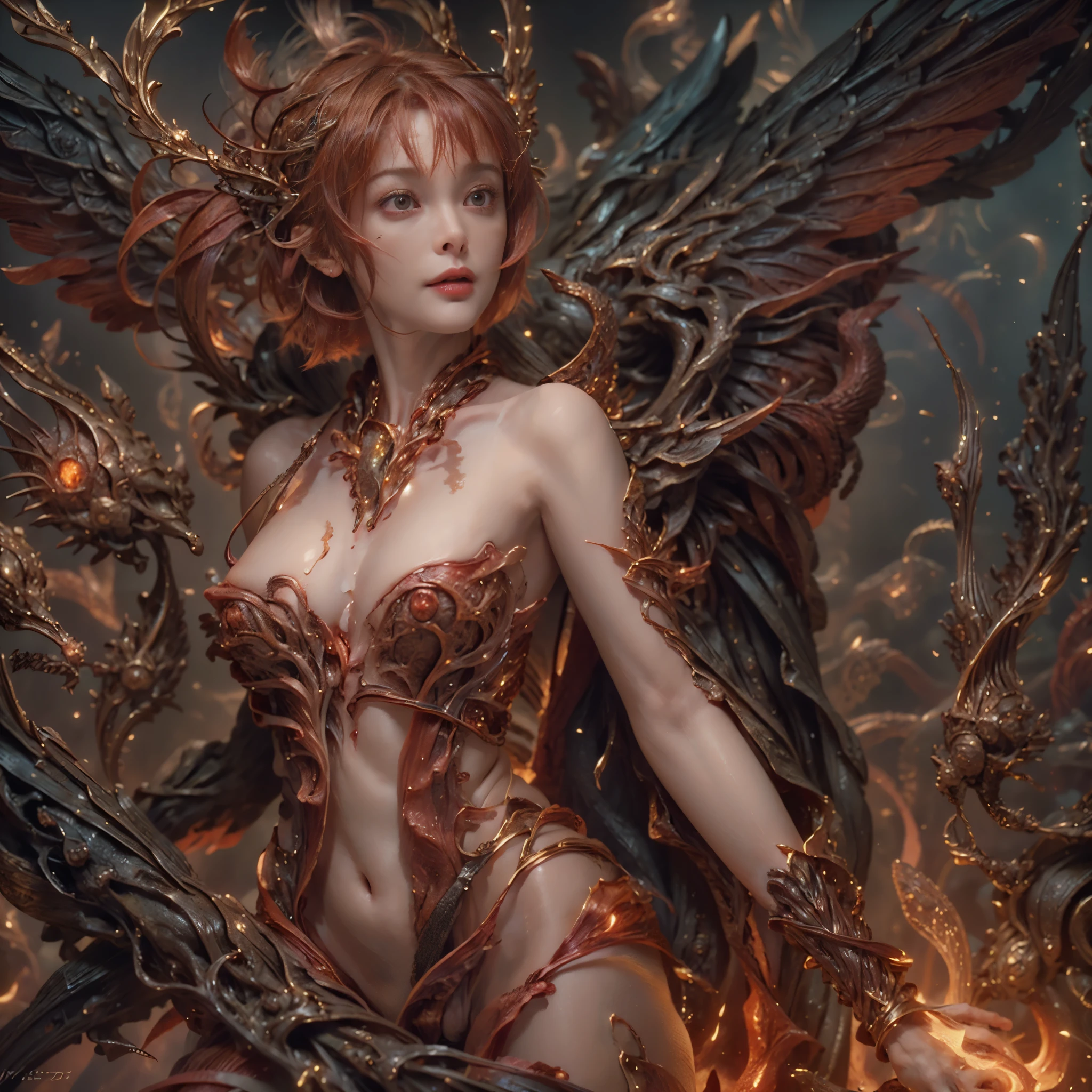 (((8k RAW photo, hyper realistic, masterpiece, best quality, crisp detail, high definition, high detail, very rich detail, sharp focus, sharp detail, colorful, rich color, cinematic, perfect studio lightning, full body photograph, mystic atmosphere))), (((fully naked) young colorful hell goddess, (fully nude), (adorable beautiful baby face, evil round face, smooth straight short hair goddess, red haired goddess, red eyed goddess, medium breast, (asian nipples)), (temptating pose, showing pussy and nipples), smooth body, ideal body, evil smile)), (releasing (hell fire), (showing ((pussy, vagina, genital, nipples)))), ((demonic scorching fire wings, tail)), (incinerated city, meteors shower, night),(cerberus behind, collosal war background)