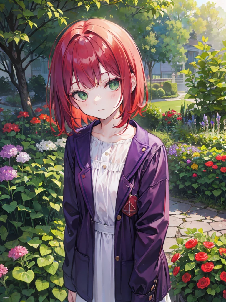 , green eyes, short curry wavy bobs red hair, bangs.  wear purple black jacket. background in garden. ???. not smiling, indifferent