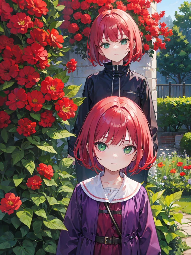 , green eyes, short curry wavy bobs red hair, bangs. wear purple black jacket. background in garden. kid. not smiling, indifferent