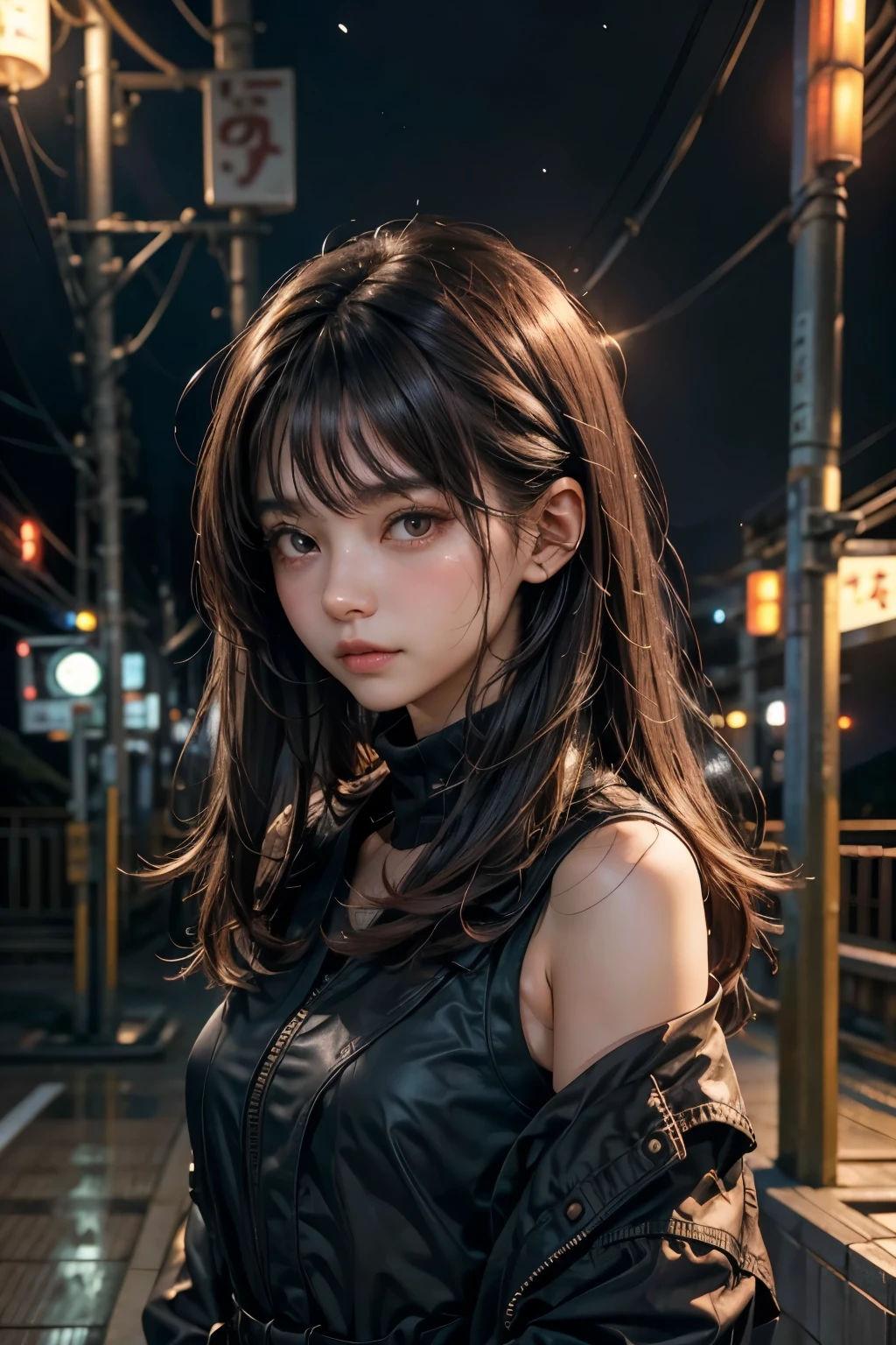 Upper body close-up image.A beautiful woman. Dark brown hair. Twenty years old. She is looking at the camera with a tense expression. She stands alone on the platform of an unmanned station in Japan late at night. The location is a station deep in the mountains of Japan. Eerie atmosphere. The season is summer.