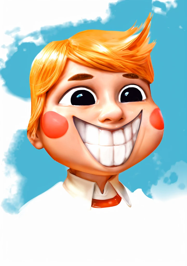 A happy animated character with blonde hair and red cheeks. He is smiling and showing his teeth. 2d cartoon style