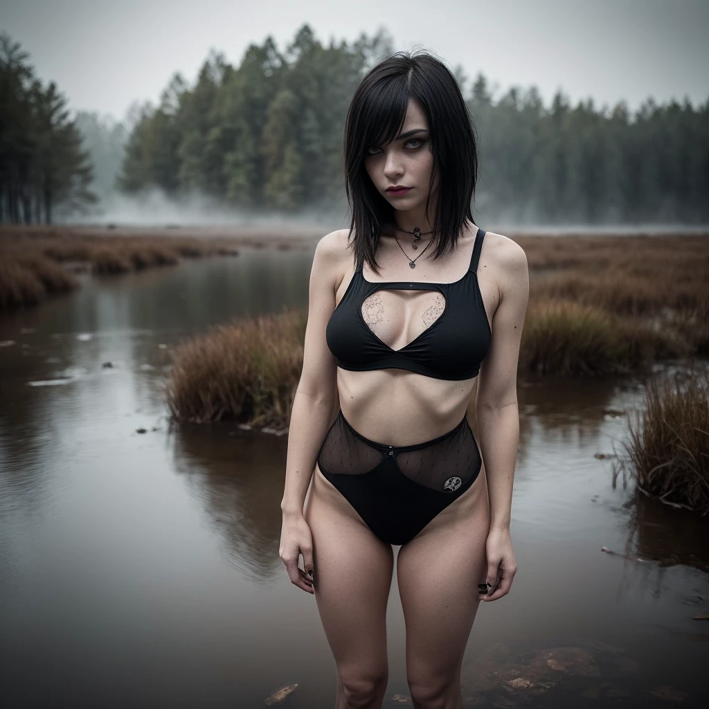 (Best Quality,hight resolution,Masterpiece, half body shot:1.2),Ultra-detailed,woman dressed in black g string thong and tank top,sickly,standing in a lake with desolated land in the background, she's wearing a very sexy high waisted g-string thong, desolated landscape in the background, tank top and panties, she has her legs in water, perfect body, sensual pose,full body shot, horror vibes, centered subject,gloomy ecstasy,fetish,dark gloomy atmosphere, creepy atmosphere, gritty texture,Retro-atmosphere,warped reality,melancholic expression on his face,mysterious aura,foggy atmosphere,foggy background,Subtle color palette,provocative pose,Strong emotions,Coming Out of the Depths of Despair,Piercing gaze,intense shadows,Plunged in Darkness,dark industrial aesthetic,ominous vibe,A supernatural sensation,Loss of Place in Time and Space,Eerie silence.asymmetrical bangs, freckles, white short hair, Bangs, freckles, gray eyes,