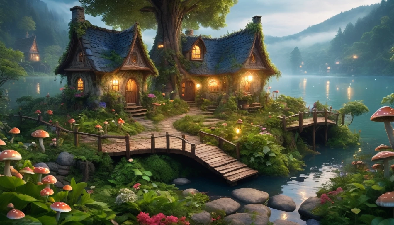 (best quality, 4k, 8k, highres, masterpiece:1.2), ultra-detailed, (realistic, photorealistic, photo-realistic:1.37), a charming fairy village at night, in the middle of a dense forest, enchanted forest, glowing mushrooms, whimsical treehouses, lush greenery, sparkling waterfalls, fairy lights, dainty flowers, serene atmosphere, fairy dust, ethereal beings, peaceful lakeside, cobblestone pathways, celestial stars, stunning architecture, mystical fog, harmonious colors, surreal ambiance, fairytale-like cottages, whispering winds, dreamy reflections in the water, dream-like, imagination, stardust magic, tranquil haven, nocturnal magic, dense foliage, thick trees, overgrown vegetation, secluded, deep woods, cloudy atmosphere, overcast sky, thick clouds covering the sky