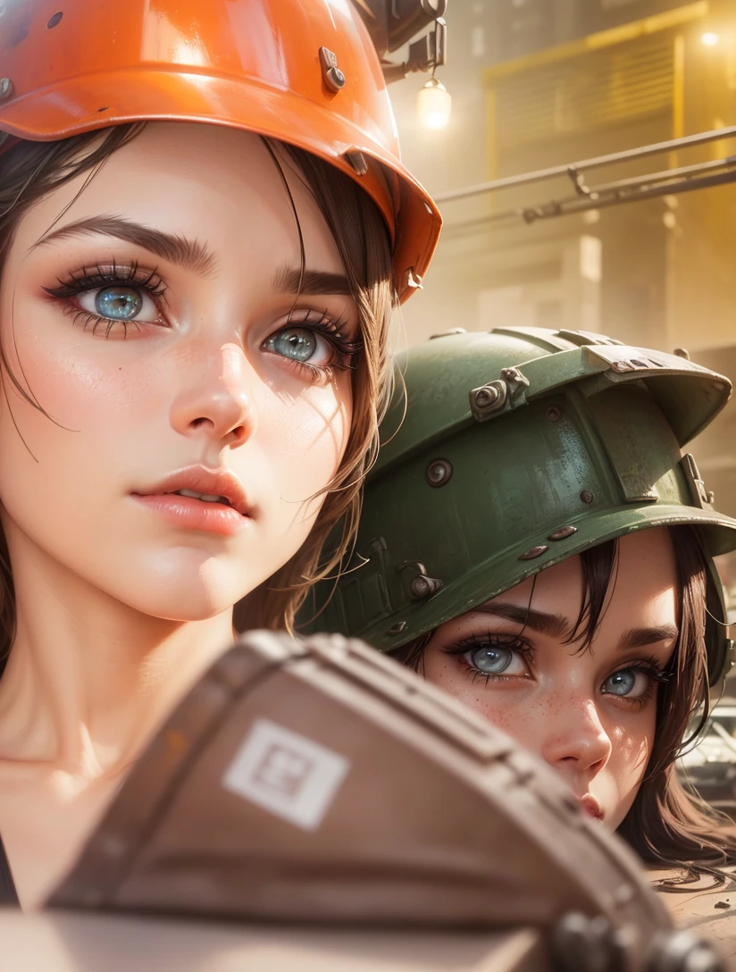 beautiful detailed eyes, beautiful detailed lips, extremely detailed eyes and face, longeyelashes, 1girl, construction helmet, industrial setting, rusted metal, steam punk, dynamic pose, dramatic lighting, moody atmosphere, cinematic, muted colors, realistic, photorealistic, photo-realistic:1.37, (best quality,4k,8k,highres,masterpiece:1.2),ultra-detailed,(realistic,photorealistic,photo-realistic:1.37)