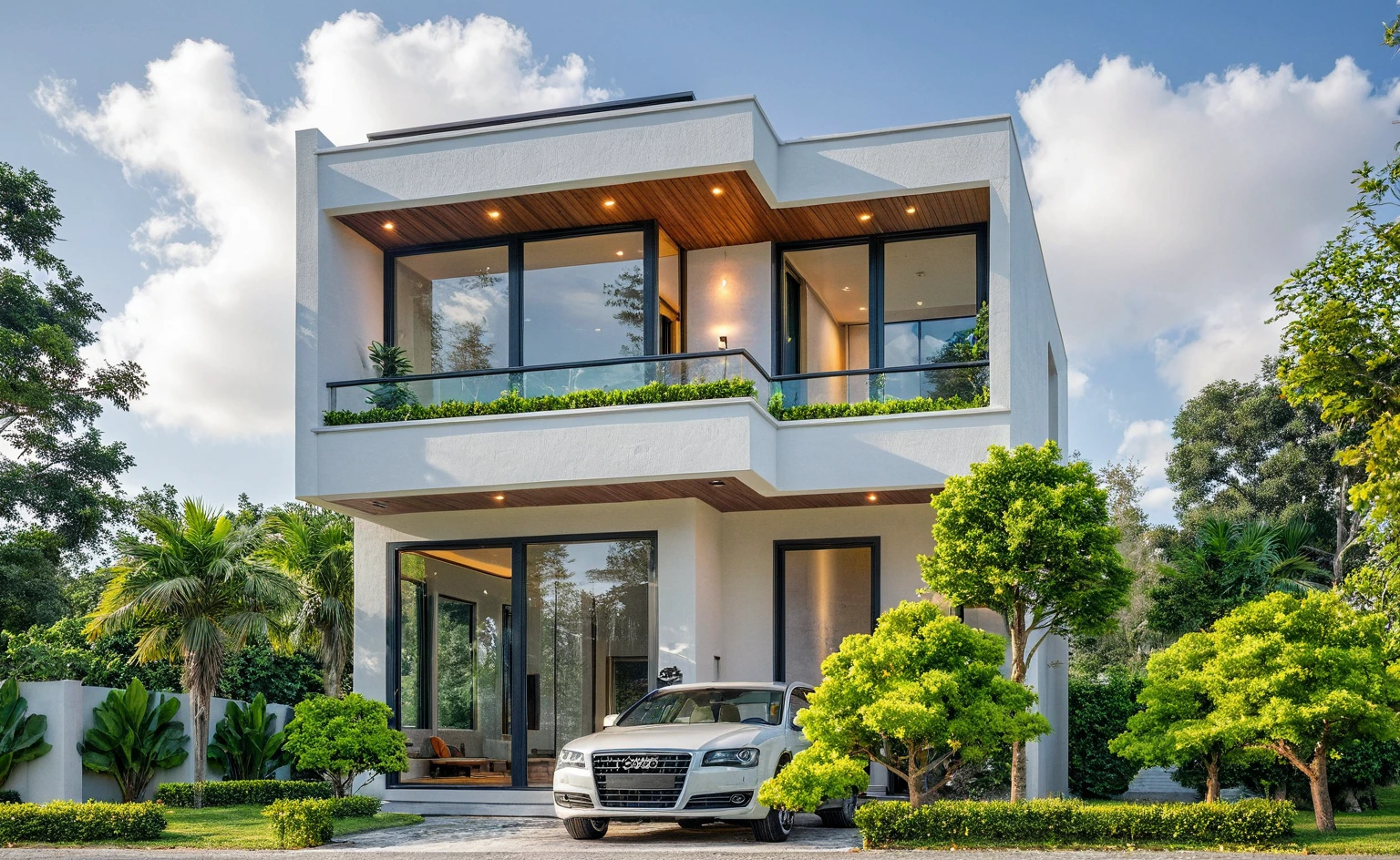 Masterpiece, high quality, best quality, authentic, super detail, outdoors, onestoreyvillaXL, aiaigroup, house style modern on the street ,stairs, white wall ,road,pavement, grass, trees, sky, cloud, (daylight:1.1)