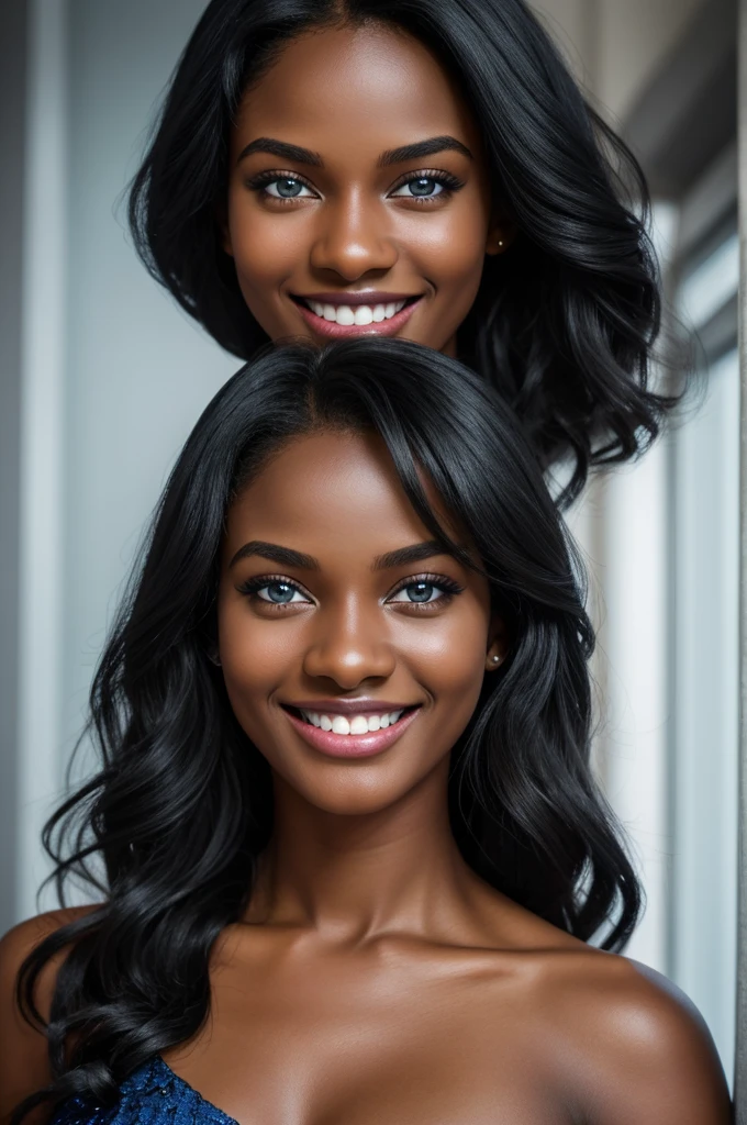 Beautiful lady,light, Big smile, shoulder length wavy black hair,perfect amazing blue eyes, realistic black skin texture, hyper detailed, photography, portrait, uhd, perfect skin, perfect white teeth, perfect nose, perfect mouth and smile shot with Camon EOS,5d mark IV, highly detailed