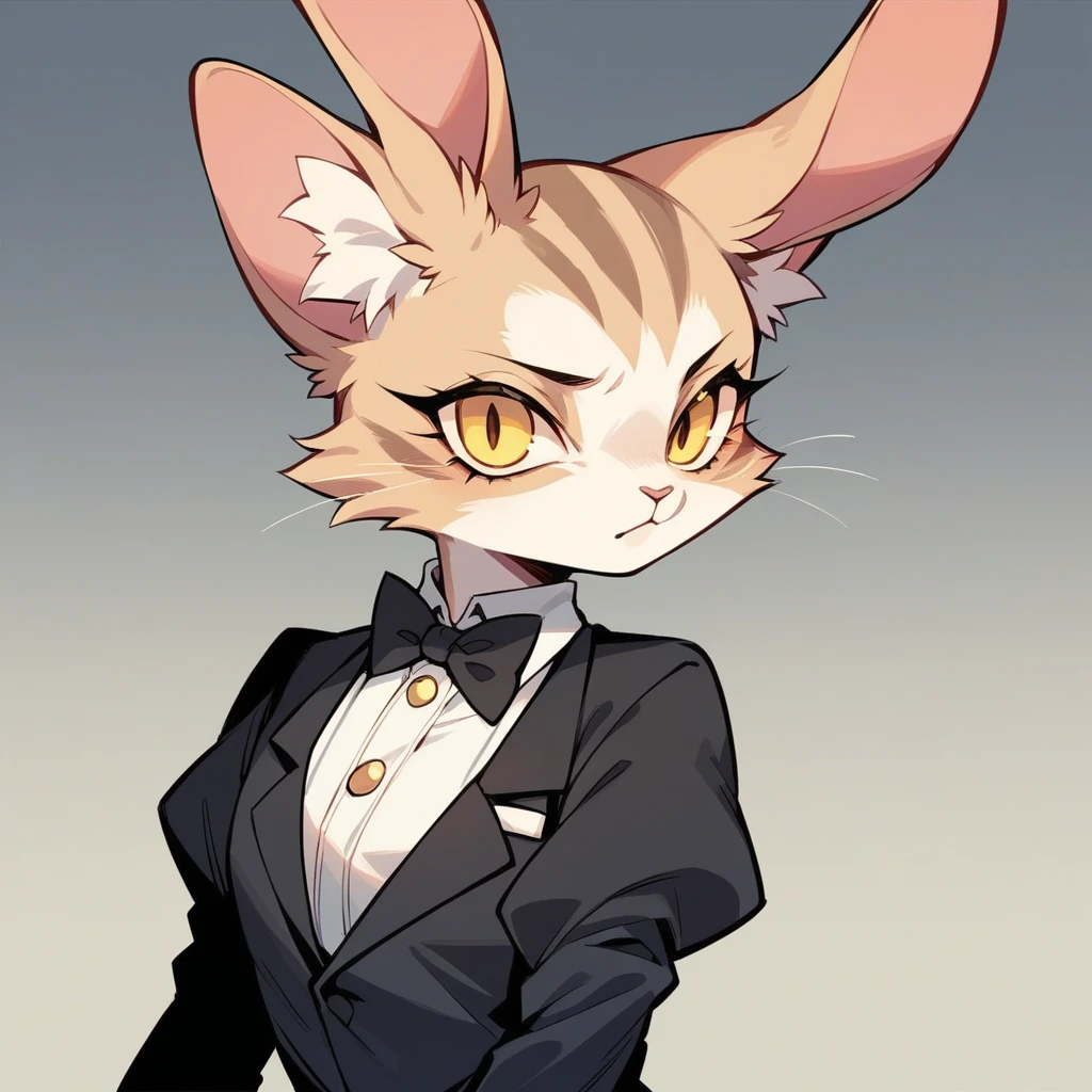 solo female ,furry ,tuxedo catA Japanese girl with yellow eyes, black fringes cut in a bob hairstyle,black long gloves wearing any clothes and any clothes as an outfit ,bunny girl outfit,TUXEDO CAT
