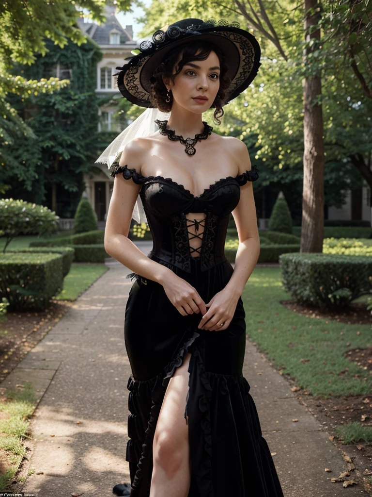 Location: A grand, historical mansion with ornate architecture and lush gardens.
Style: A high-necked Victorian-style black gown with lace detailing and a corseted bodice, paired with long gloves and a wide-brimmed hat adorned with feathers and ribbons. Accessories include a vintage parasol and a cameo brooch. Hair styled in an intricate updo with curls cascading down.