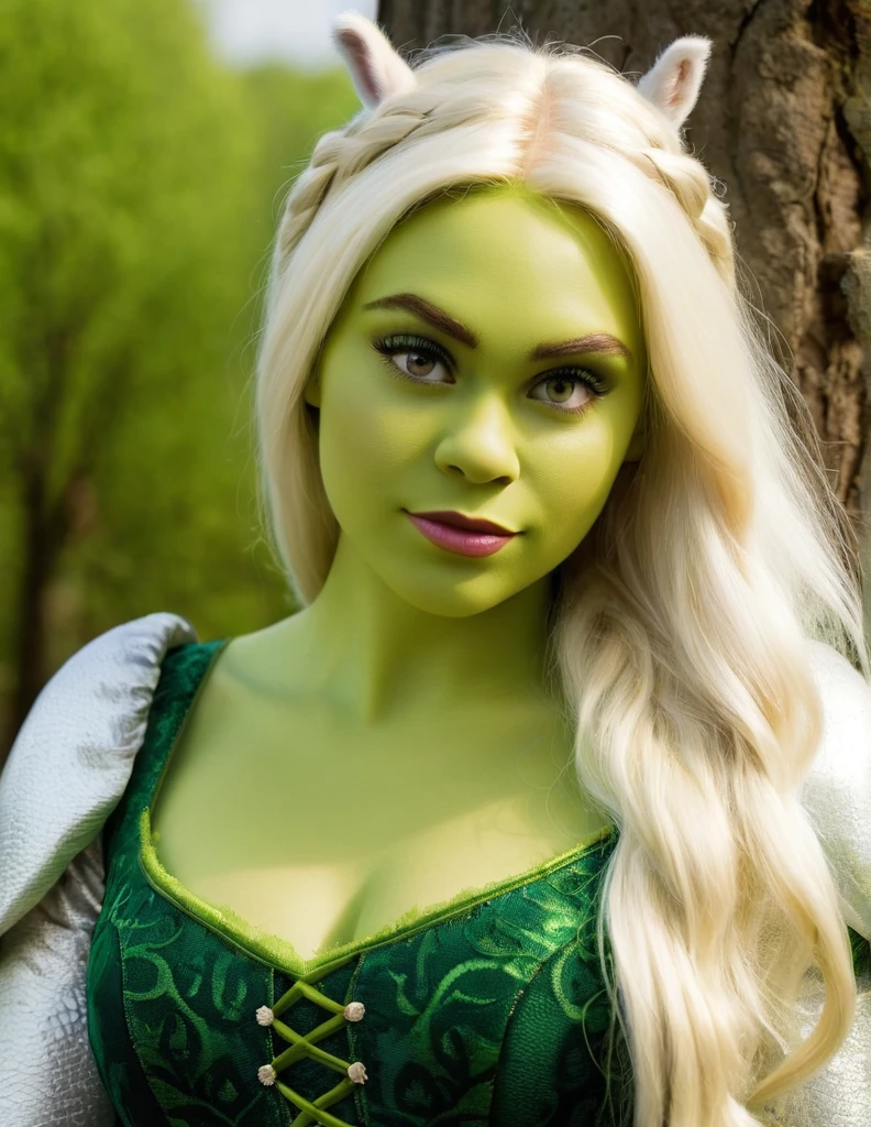very attractive 25 year old girl with long platinum blonde hair, dressed as fiona from shrek, green skin, photo quality