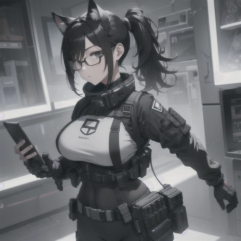 Absurd resolution, high resolution, (masterpiece: 1.4), hyper-detail, full body shot, solo, 1 kemono feline cat woman, no skin other than neck and head shown, black hair, glasses, messy ponytail, cute face, detailed soft grey eyes, huge massive hyper super swollen breasts that cover her whole torso and are bigger than her head while being so big they reach her belly button, extremely large bust, wide full hips, narrower torso and shoulders, smaller torso, full thicc big soft thighs, big rounded full soft butt, ruggedized utility styled outfit, full body outfit coverage with no skin showing or revealed, weather-proof durable clothing material, monochrome black and grey fullbody covering protective padding pilot rugged utility suit with white chest, practical/functional clothing, custom made clothing to fit and support large breasts, scifi padded rugged high collar techwear jacket, white and black triangular decals and techwear iconography on apparel and clothing, techwear gloves, arm mounted strapped display scifi tablet/communication device/computer, rugged tablet display mounted on MOLLE strap on top of her bust, ruggedized computer tablet mounted above her breasts, screen display mounted on top of her chest, ruggedized tech, ruggedized tech aesthetic, fitted utility pants, utility chaps, near future scifi, cyberpunk aesthetic, anime aesthetic